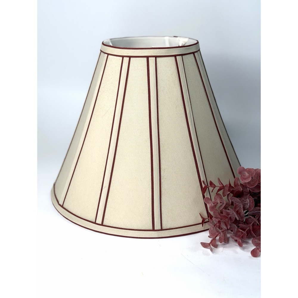 Vintage Beige Fabric Lamp Shade Burgundy Trim 14in Soft Back Tailored Empire